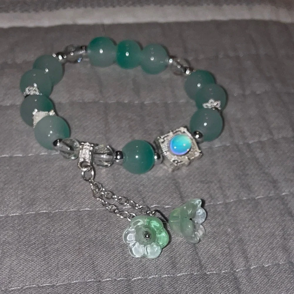 Blue and Light Flower Charm and Stone Beaded Bracelet - Picture 2 of 3
